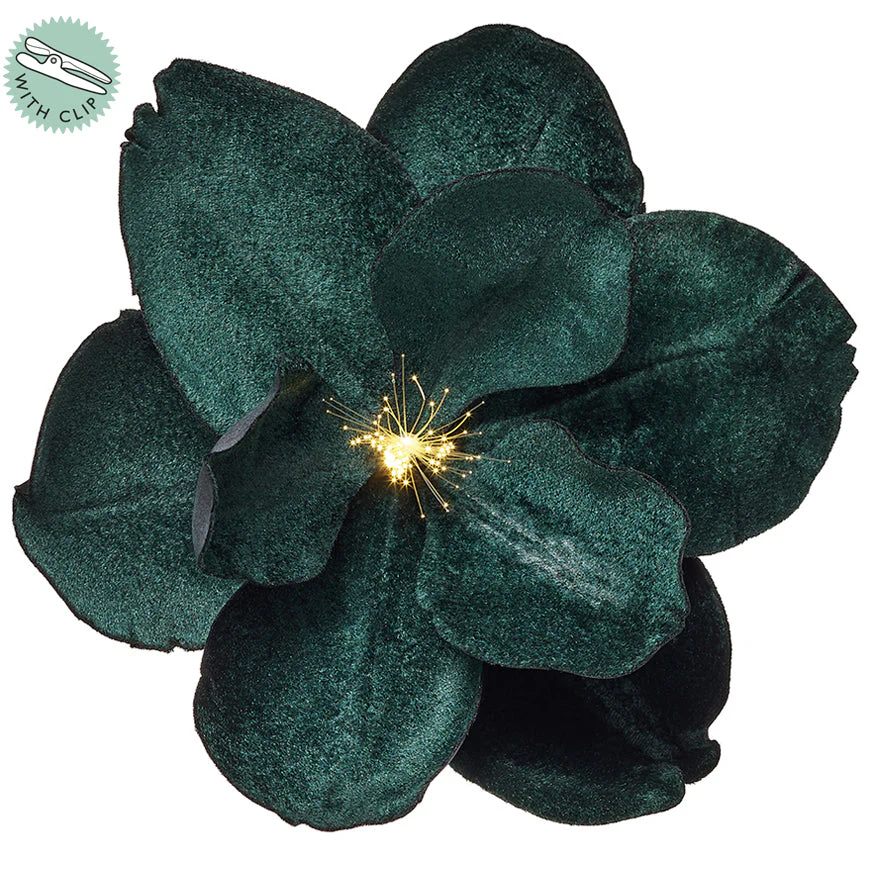 7" Velvet Magnolia Battery Operated Fiber Optic Light Artificial Clip-On Flower -Green (Pack of 12)