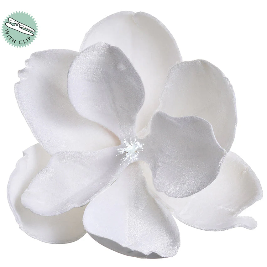 7" Velvet Magnolia Battery Operated Fiber Optic Light Artificial Clip-On Flower -White (Pack of 12)