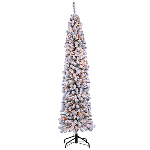 7'6"Hx21"W Flocked Tower Artificial Christmas Tree, Pre-Lit -Snow