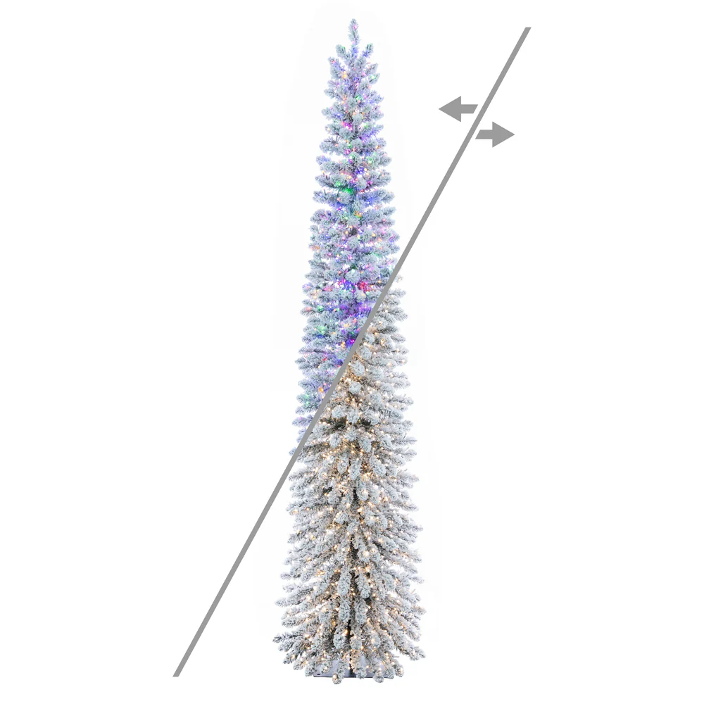 7'6"Hx22"W Snowy Flocked Alpine Artificial Christmas Tree, Micro LED Pre-Lit (Multi-Mode) -Green