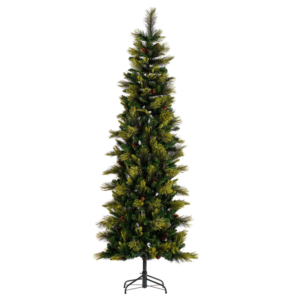 7'6"Hx32"W PE Slim Emerald Mixed Fir & Pinecone Artificial Christmas Tree, Unlit -Green/Brown