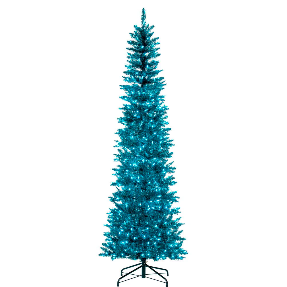 7'6"Hx32"W Tinsel Pencil Artificial Christmas Tree, LED Pre-Lit (Aqua) -Aqua