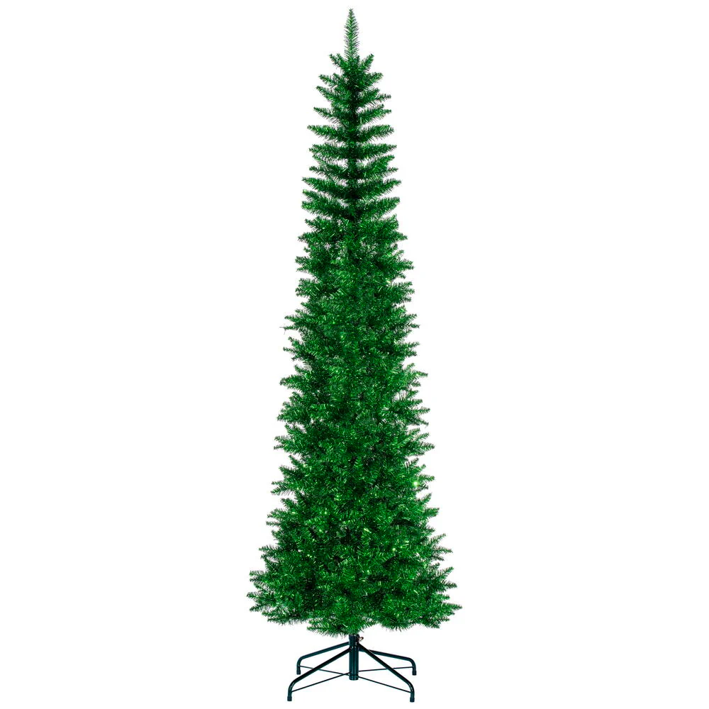 7'6"Hx32"W Tinsel Pencil Artificial Christmas Tree, Unlit -Green