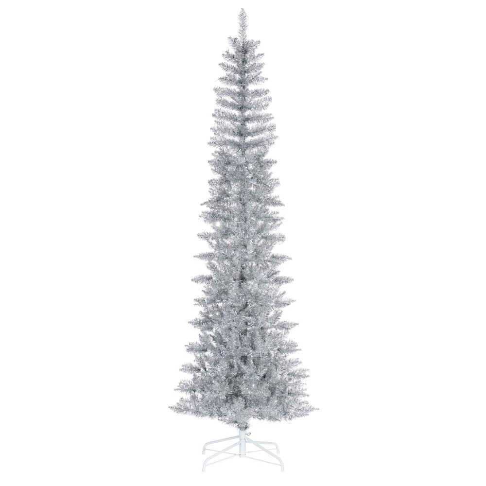 7'6"Hx32"W Tinsel Pencil Artificial Christmas Tree, Unlit -Silver