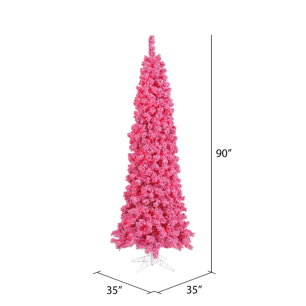 7'6"Hx35"W Flocked Pencil Fir Artificial Christmas Tree, LED Pre-Lit (Pink) -Pink - Image 2