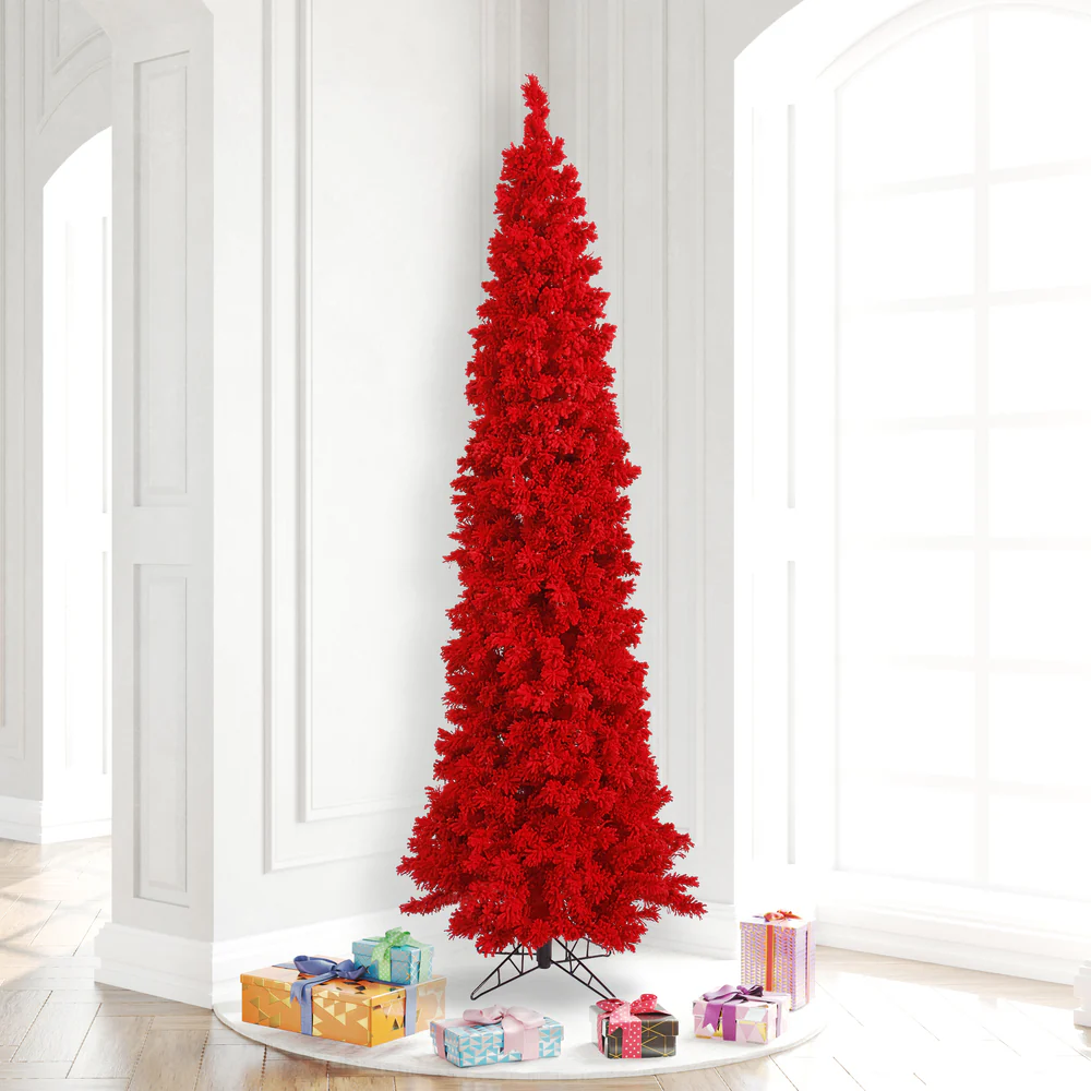 7'6"Hx35"W Flocked Pencil Fir Artificial Christmas Tree, Unlit -Red - Image 4