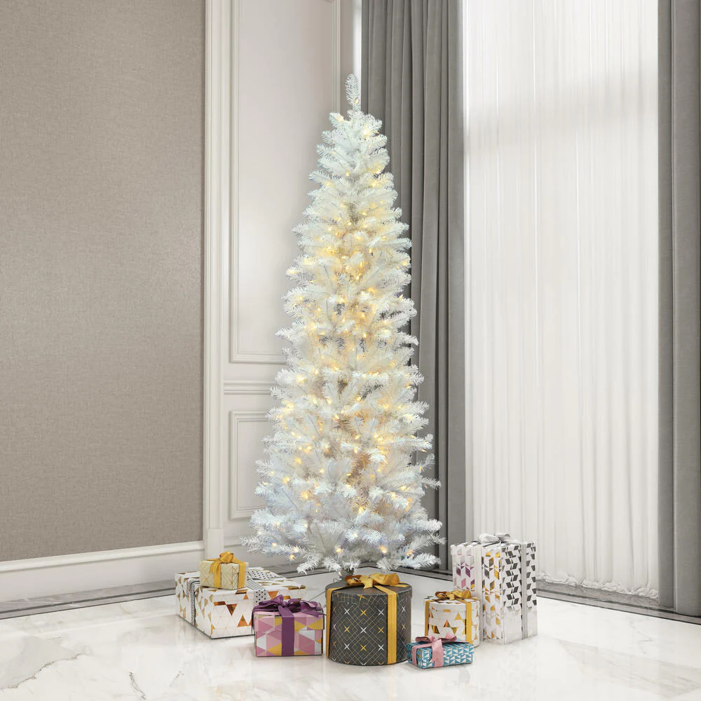 7'6"Hx36"W Pencil White Salem Pine Artificial Christmas Tree, LED Pre-Lit -White - Image 5