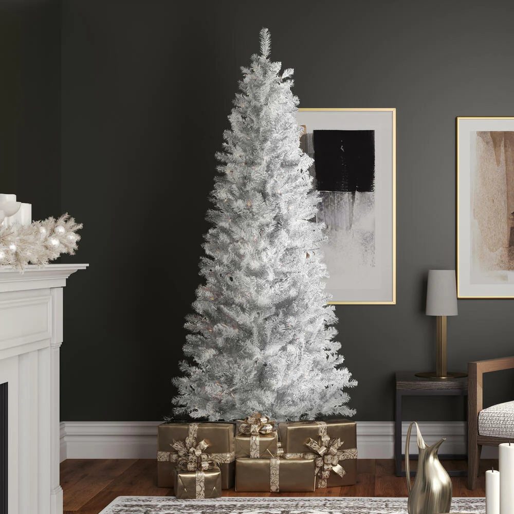 7'6"Hx36"W Pencil White Salem Pine Artificial Christmas Tree, LED Pre-Lit -White - Image 6
