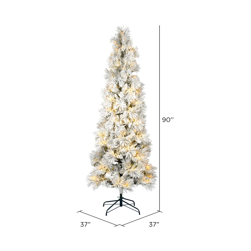 7'6"Hx37"W Flocked Pencil Atka Pine Artificial Christmas Tree, LED Pre-Lit -White - Image 3