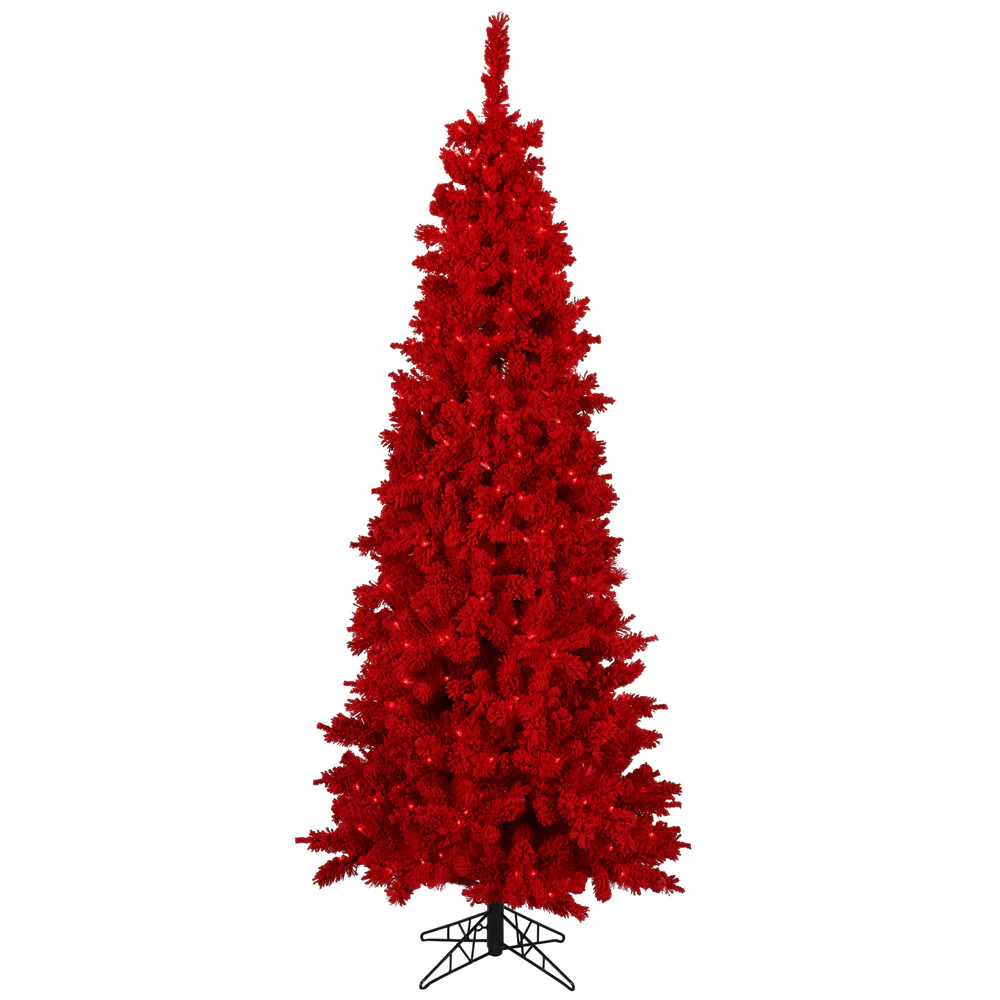 7'6"Hx39"W Flocked Slim Fir Artificial Christmas Tree, Unlit -Red