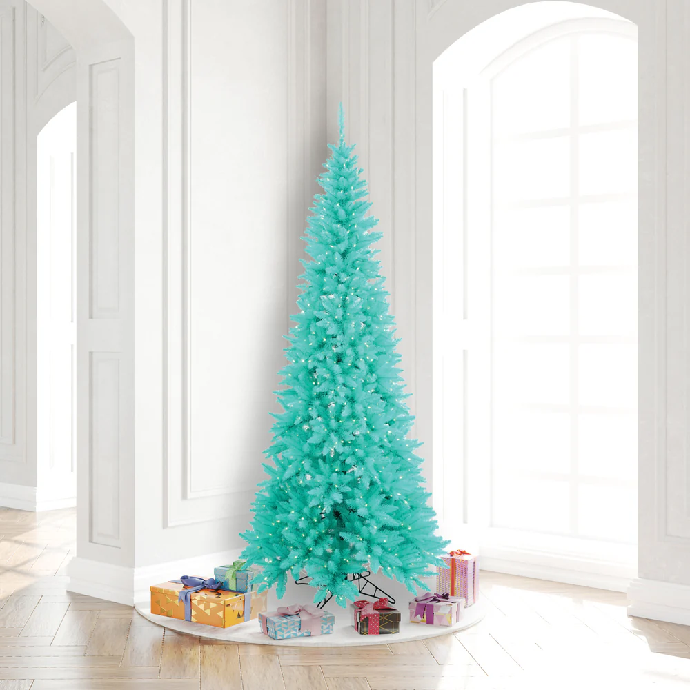 7'6"Hx40"W Slim Fir Artificial Christmas Tree, LED Pre-Lit (Aqua) -Aqua - Image 3