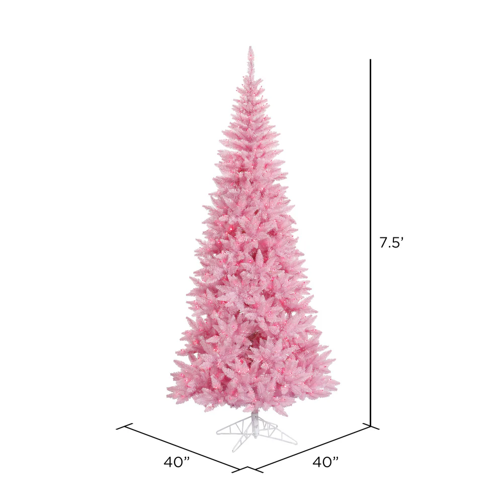 7'6"Hx40"W Slim Fir Artificial Christmas Tree, LED Pre-Lit (Pink) -Pink - Image 2