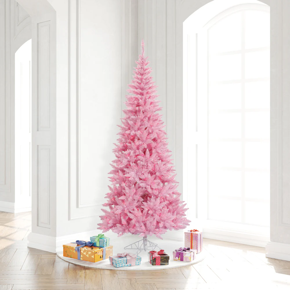 7'6"Hx40"W Slim Fir Artificial Christmas Tree, LED Pre-Lit (Pink) -Pink - Image 3
