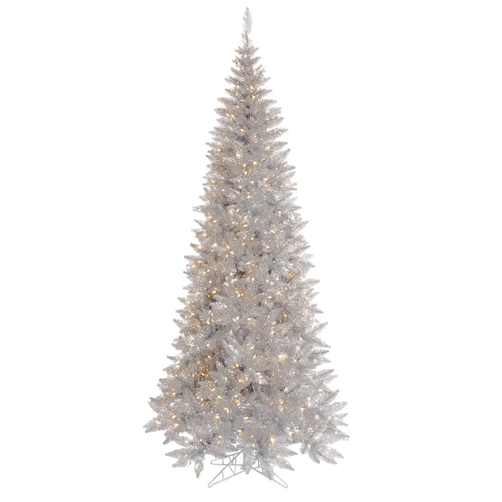 7'6"Hx40"W Tinsel Slim Fir Artificial Christmas Tree, LED Pre-Lit -Silver