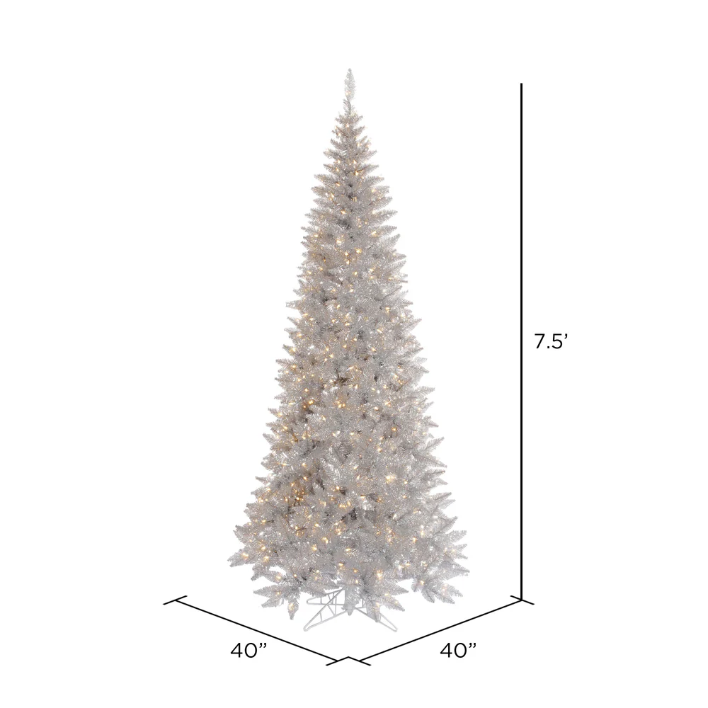 7'6"Hx40"W Tinsel Slim Fir Artificial Christmas Tree, LED Pre-Lit -Silver - Image 3