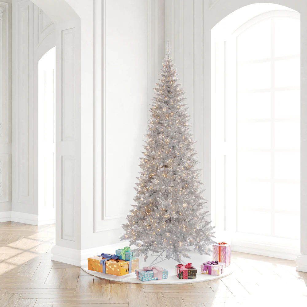 7'6"Hx40"W Tinsel Slim Fir Artificial Christmas Tree, LED Pre-Lit -Silver - Image 4