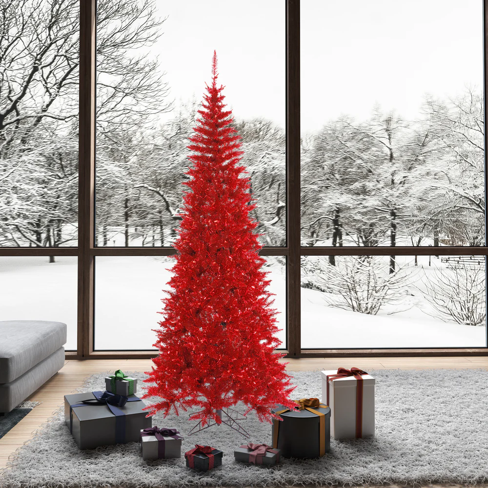 7'6"Hx40"W Tinsel Slim Fir Artificial Christmas Tree, Unlit -Red - Image 4