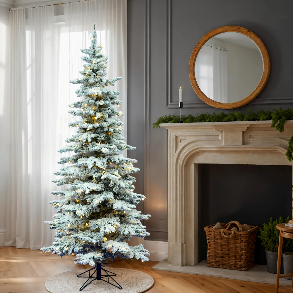7'6"Hx43"W Flocked Slim Utica Fir Artificial Christmas Tree, LED Pre-Lit -White/Green - Image 6