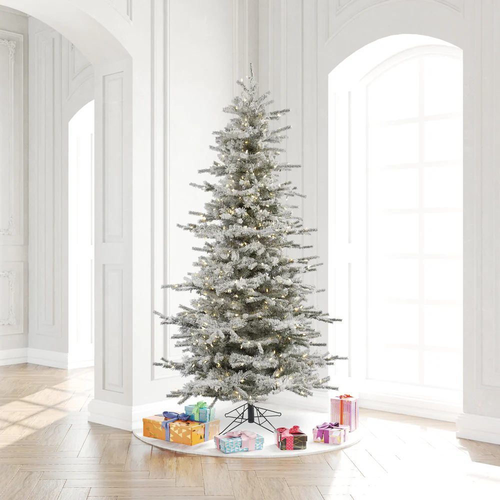7'6"Hx48"W Flocked Sierra Artificial Christmas Tree, LED Pre-Lit -White/Green - Image 6