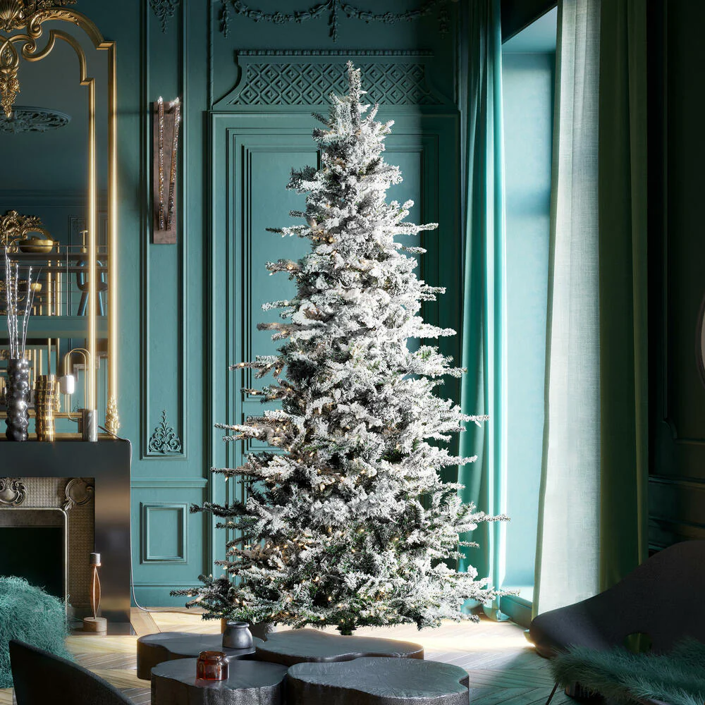 7'6"Hx48"W Flocked Sierra Artificial Christmas Tree, LED Pre-Lit -White/Green - Image 7