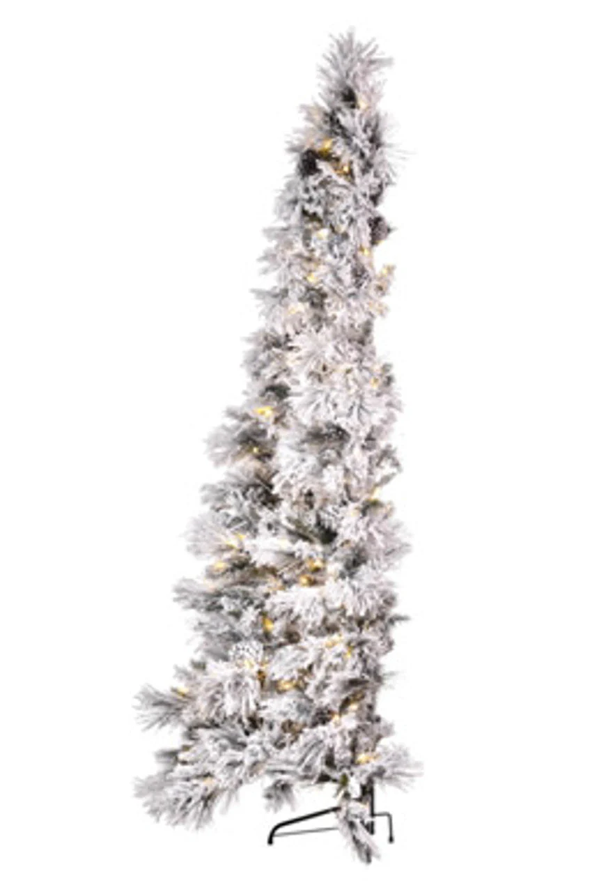 7'6"Hx48"W Half-Tree/Wall Heavy Flocked Bavarian & Pinecone Artificial Christmas Tree, Micro LED Pre-Lit -White/Green - Image 2