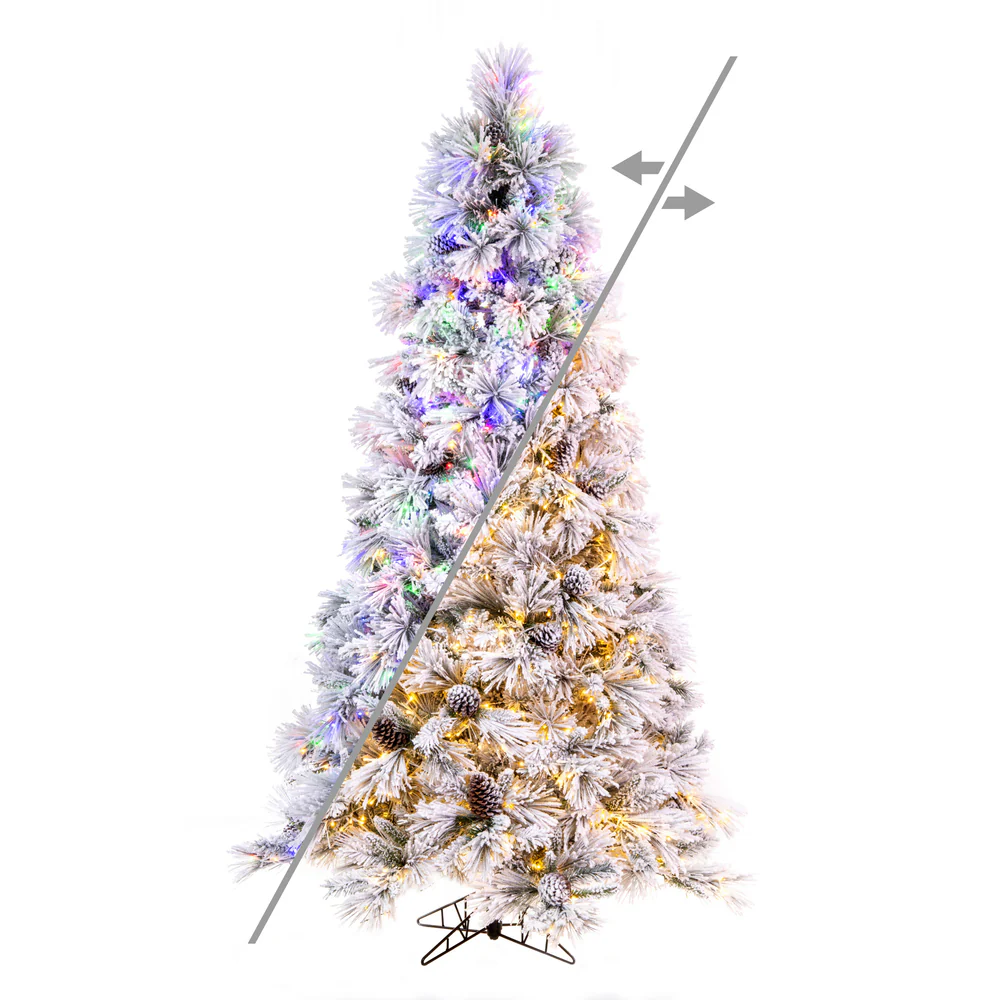 7'6"Hx49"W Flocked Slim Atka Pine Artificial Christmas Tree, Micro LED Pre-Lit (Multi-Mode) -White