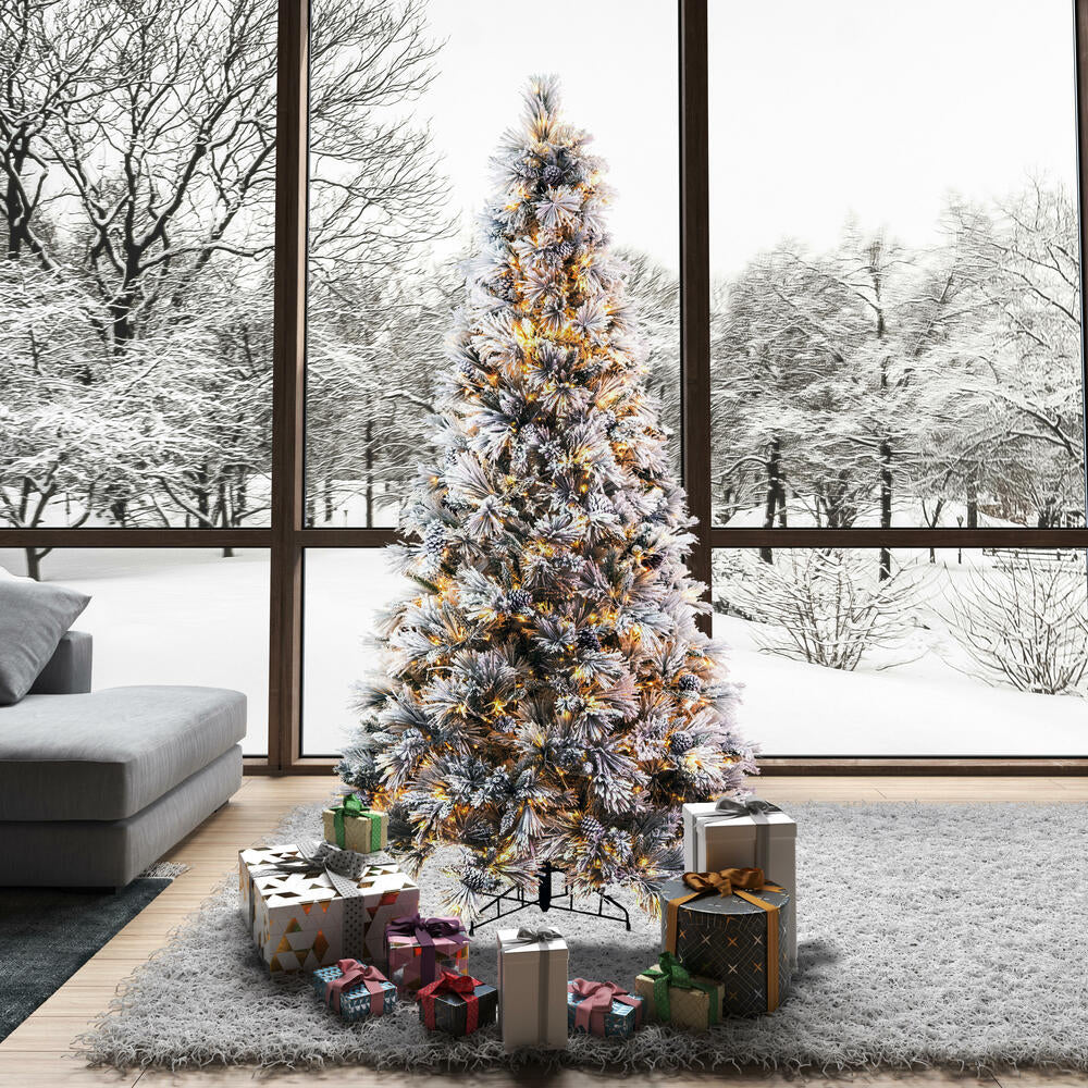 7'6"Hx49"W Flocked Slim Atka Pine Artificial Christmas Tree, Micro LED Pre-Lit (Multi-Mode) -White - Image 6