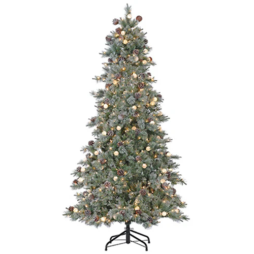 7'6"Hx51"W Flocked & Glittered Bottle Brush Pine & Pinecone Artificial Christmas Tree, Pre-Lit -White