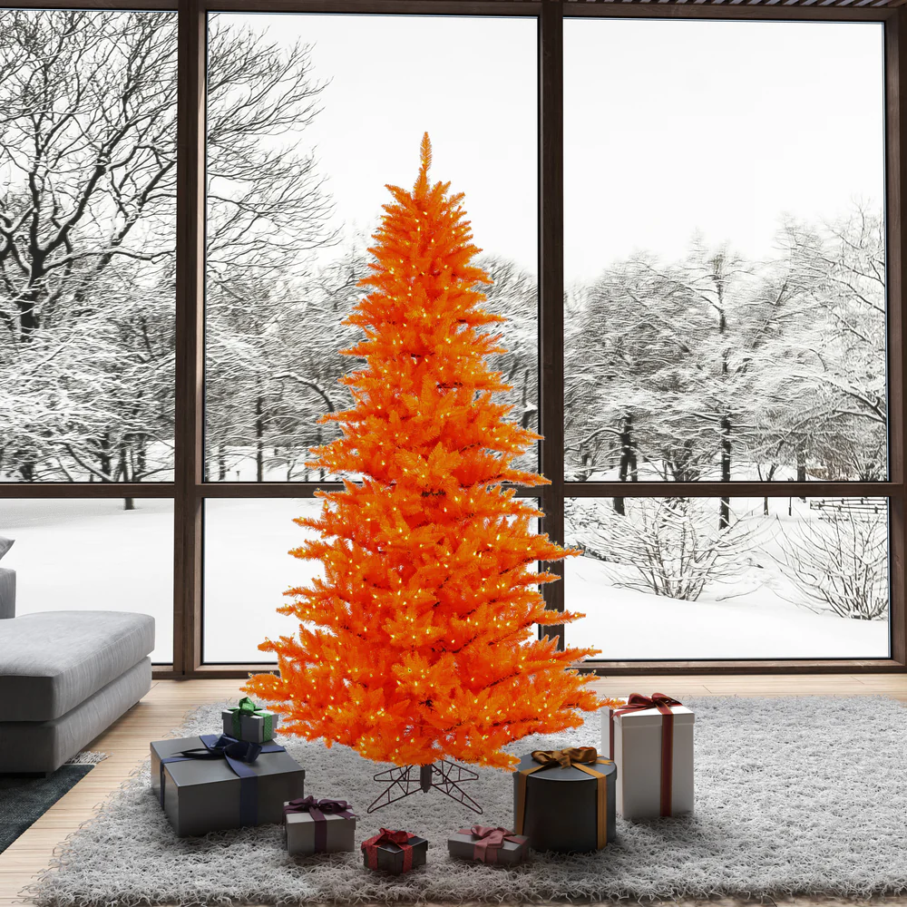 7'6"Hx52"W Fir Artificial Christmas Tree, LED Pre-Lit (Orange) -Orange - Image 3