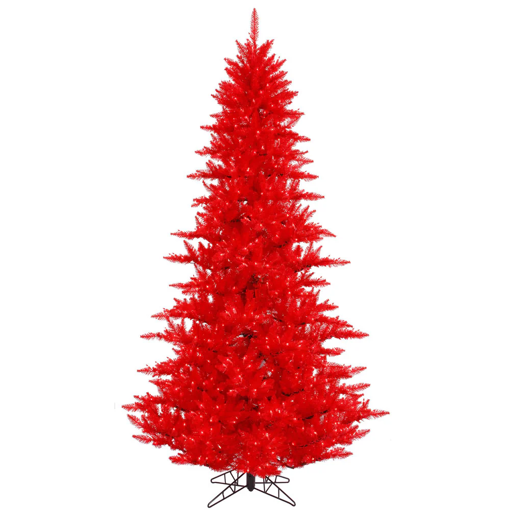 7'6"Hx52"W Fir Artificial Christmas Tree, LED Pre-Lit (Red) -Red