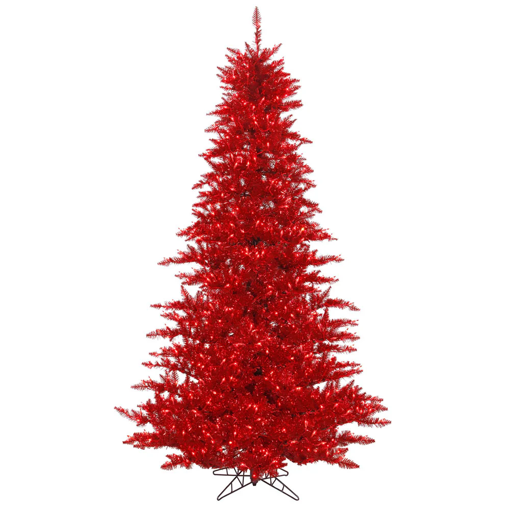 7'6"Hx52"W Tinsel Fir Artificial Christmas Tree, LED Pre-Lit (Red) -Red