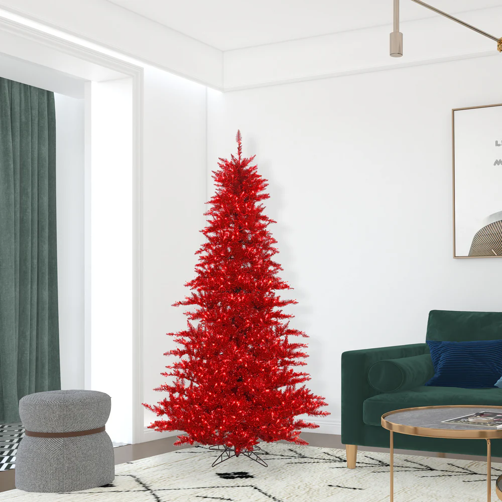 7'6"Hx52"W Tinsel Fir Artificial Christmas Tree, LED Pre-Lit (Red) -Red - Image 3