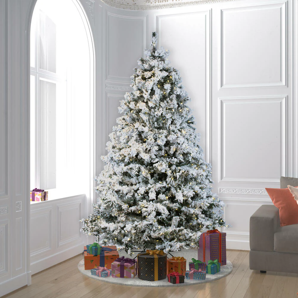 7'6"Hx68"W Flocked Alaskan Pine Artificial Christmas Tree, LED Pre-Lit -White - Image 6