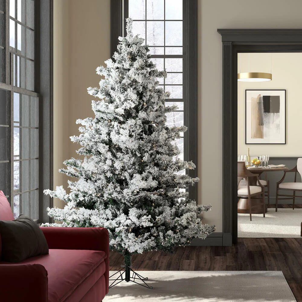 7'6"Hx68"W Flocked Alaskan Pine Artificial Christmas Tree, LED Pre-Lit -White - Image 7