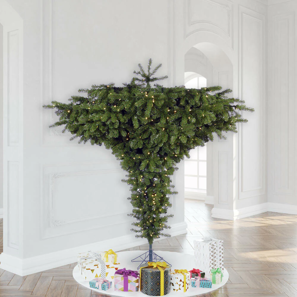 7'6"Hx95"W Upside-Down Pine Artificial Christmas Tree, LED Pre-Lit -Green - Image 3