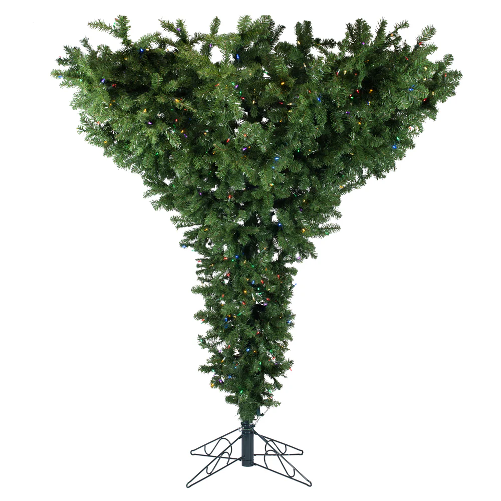 7'6"Hx95"W Upside-Down Pine Artificial Christmas Tree, LED Pre-Lit (Multicolor) -Green