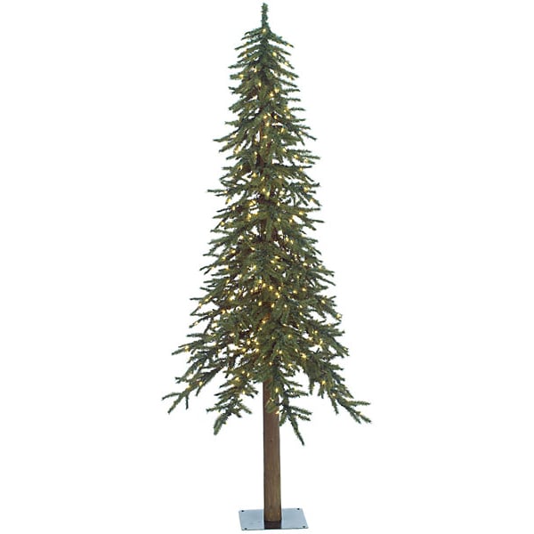 7'Hx32"W Natural Trunk Alpine Artificial Tree, LED Pre-Lit -Green