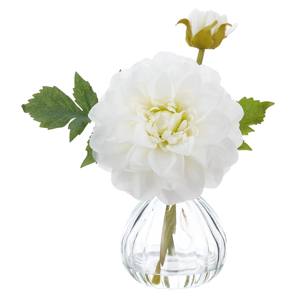 8.5" Dahlia Silk Flower Arrangement w/Glass Vase -White (Pack of 6)