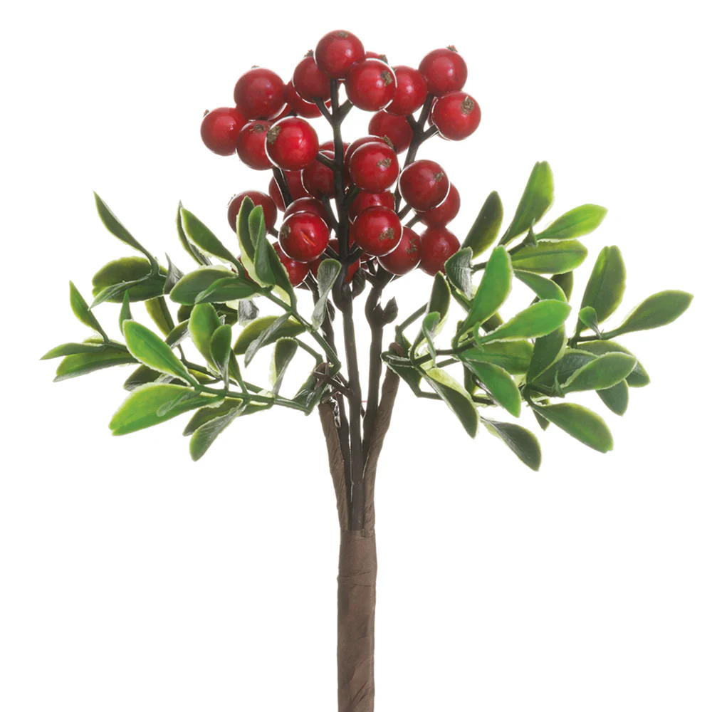 8" Artificial Berry & Boxwood Stem Pick -Red (Pack of 24)