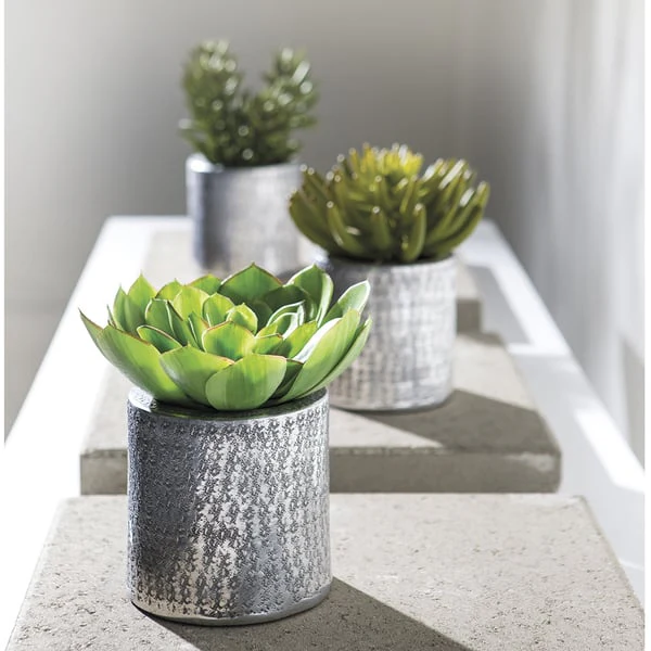 8" Artificial Echeveria Succulent Plant w/Aluminum Pot -2 Tone Green - Image 2
