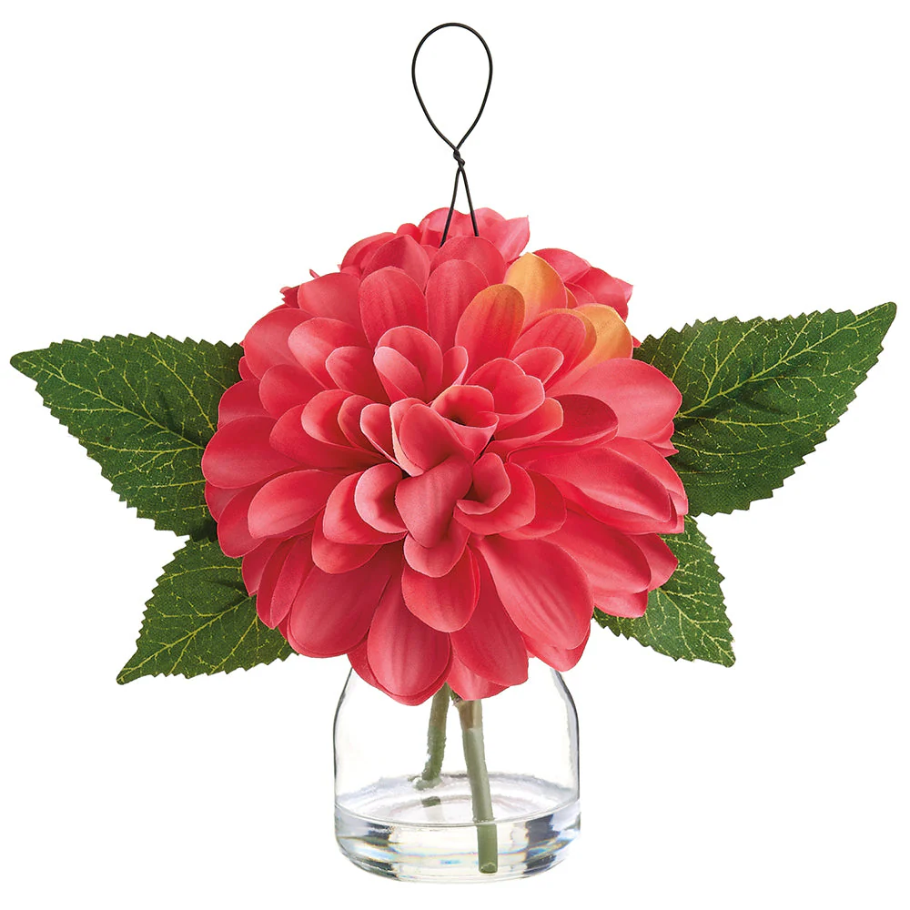 8" Dahlia Silk Flower Arrangement w/Glass Vase -Coral (Pack of 6)