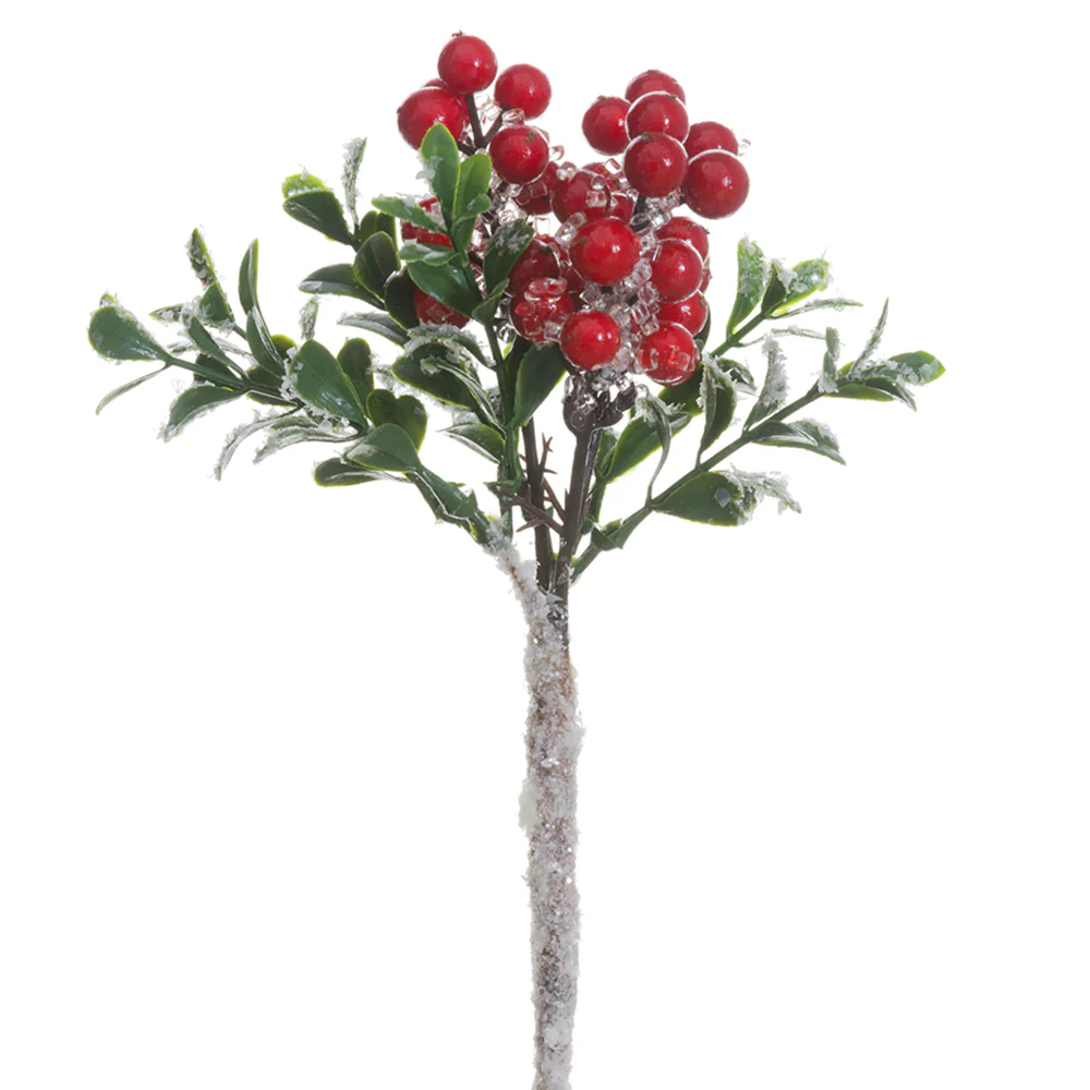 8" Iced Berry & Boxwood Artificial Stem Pick -Red (Pack of 24)