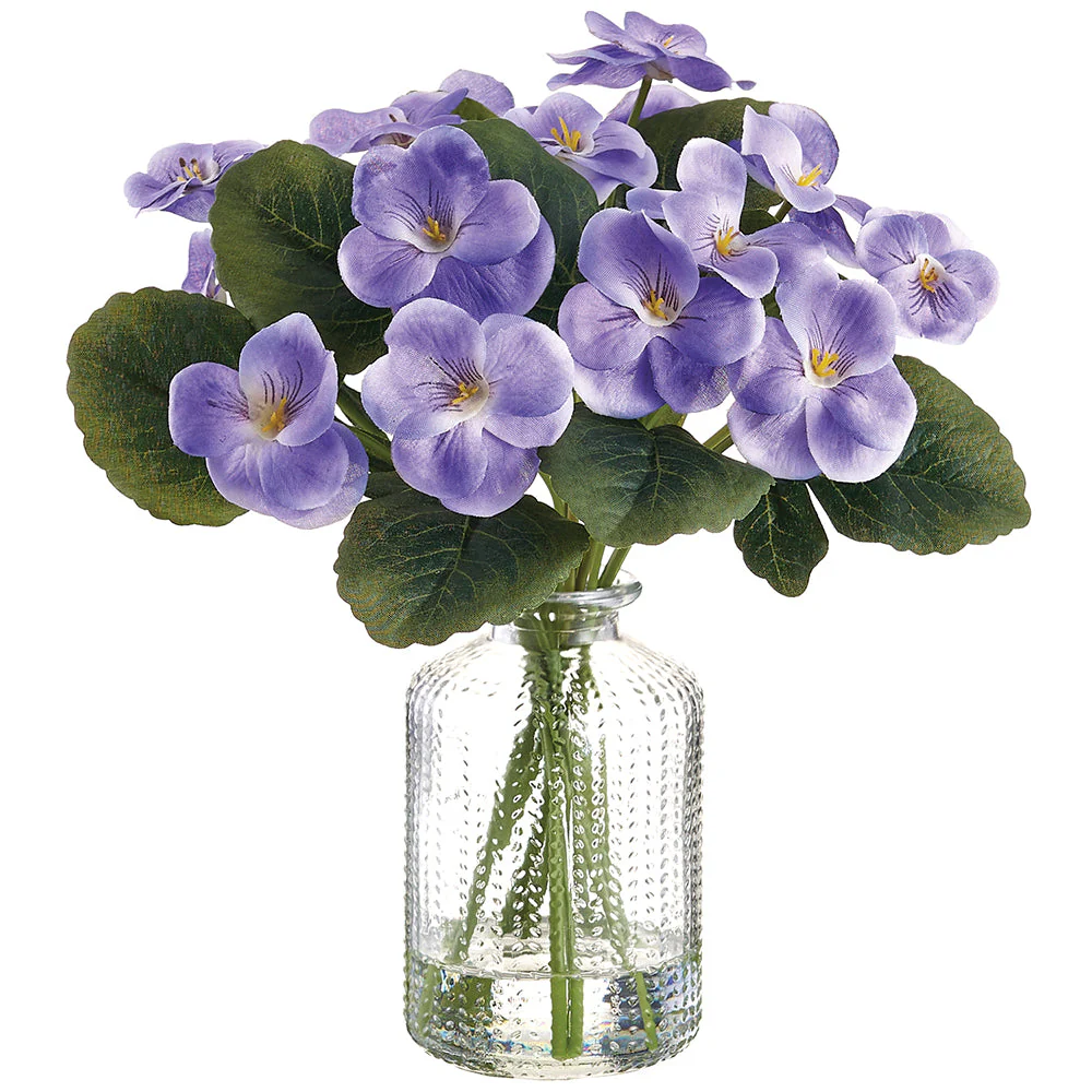 8" Pansy Silk Flower Arrangement w/Glass Vase -Purple (Pack of 6)