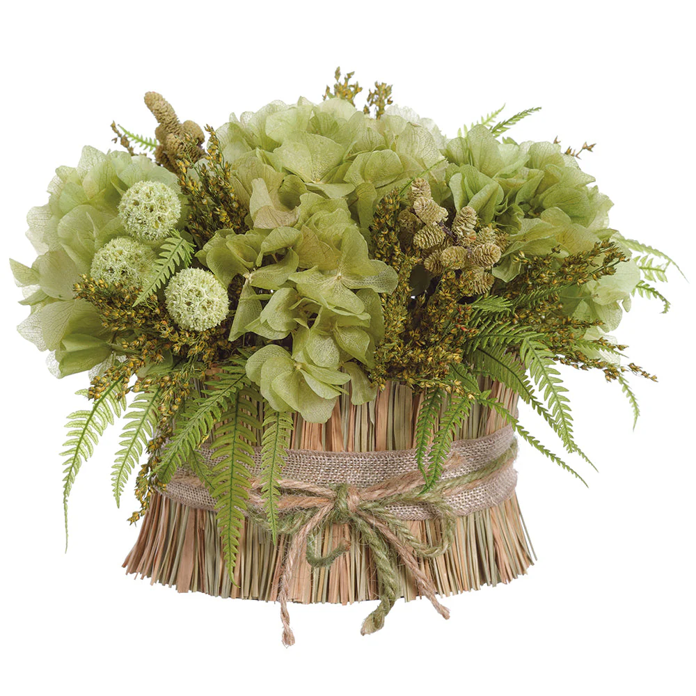 8" Preserved Standing Hydrangea, Allium & Fern Flower Arrangement -2 Tone Green