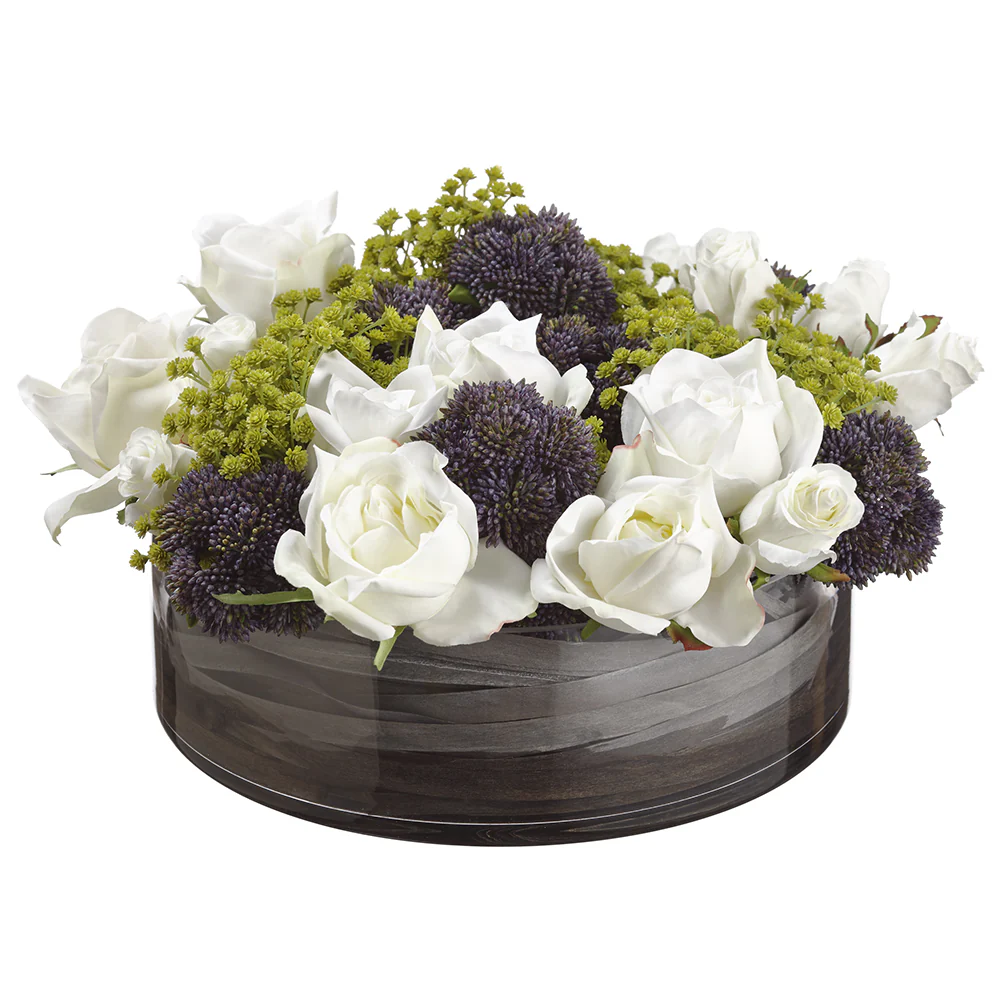 8" Rose, Queen Anne's Lace & Grass Silk Flower Arrangement -White/Purple