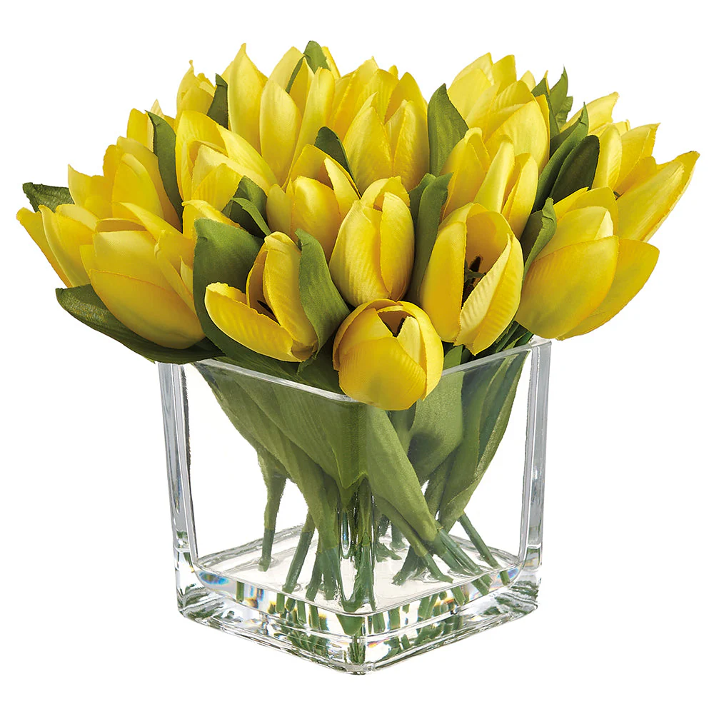 8" Tulip Silk Flower Arrangement w/Glass Vase -Yellow (Pack of 6)