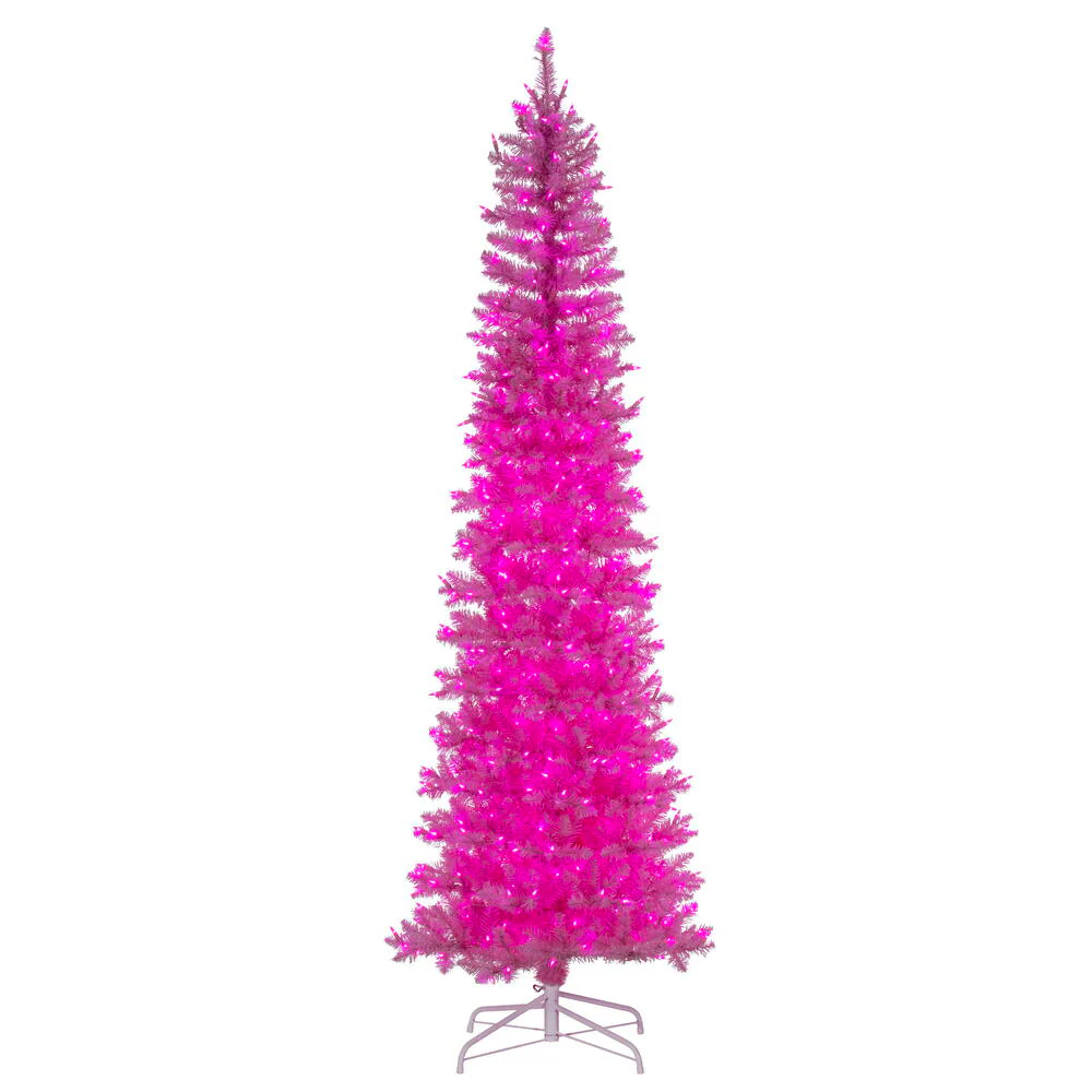 8'6"Hx38"W Pencil Artificial Christmas Tree, LED Pre-Lit (Pink) -Pink
