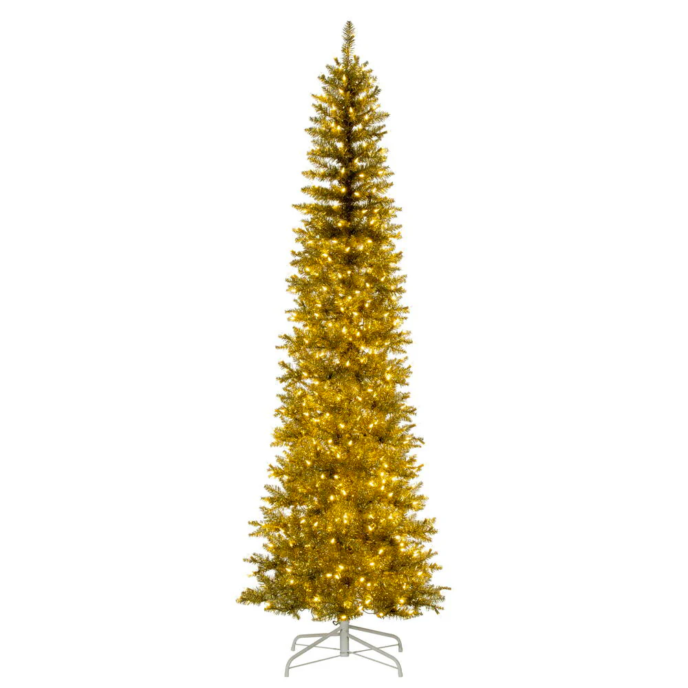 8'6"Hx38"W Tinsel Pencil Artificial Christmas Tree, LED Pre-Lit -Champagne
