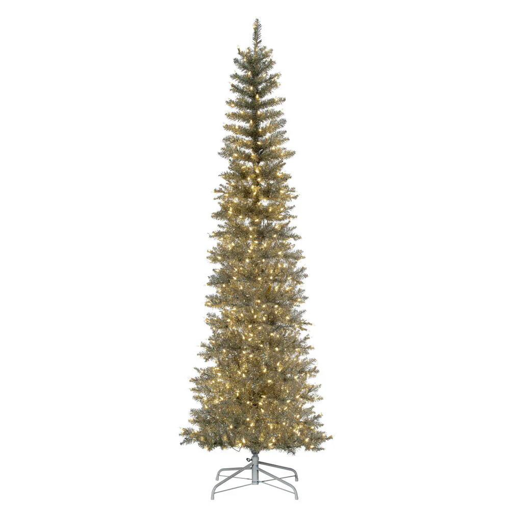 8'6"Hx38"W Tinsel Pencil Artificial Christmas Tree, LED Pre-Lit -Silver
