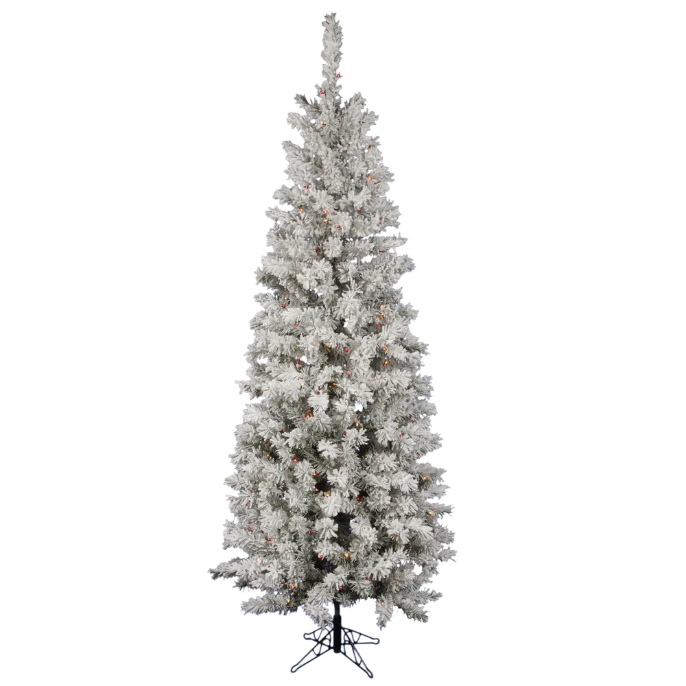 8'6"Hx40"W Flocked Pencil Pacific Pine Artificial Christmas Tree, LED Pre-Lit (Multicolor) -White